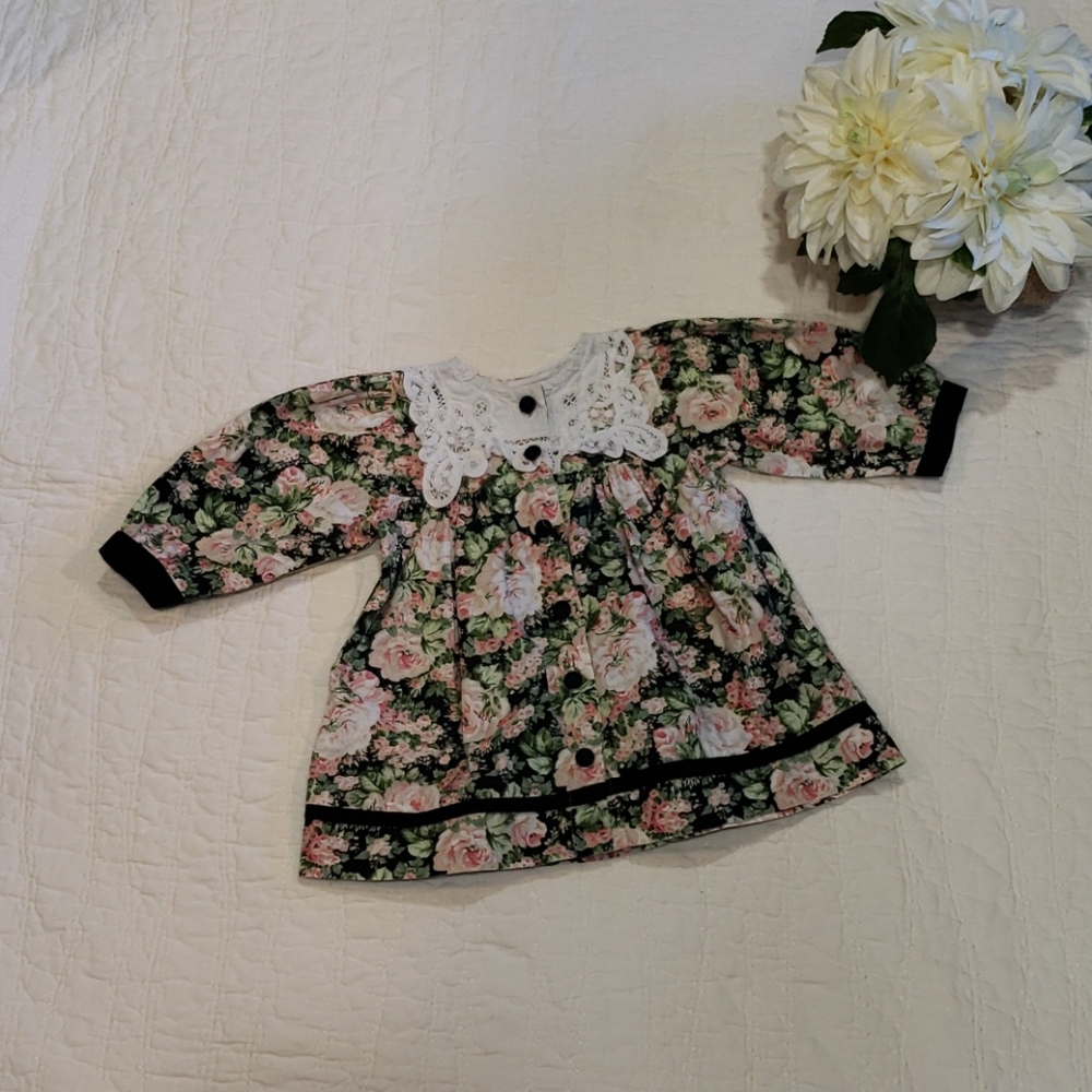 VTG Allison Rose Dress Baby 9-12 mo Black & Pink Floral Lace Collar Cottage Core